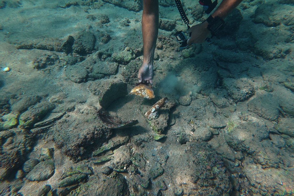 Manager of the Lebanon Diving Center Youssef Jundi holds a piece of ancient pottery at an archaeological site near the coast in the southern port city of Tyre, Lebanon, Thursday, Sept. 17, 2026. (AP Photo/Bilal Hussein)