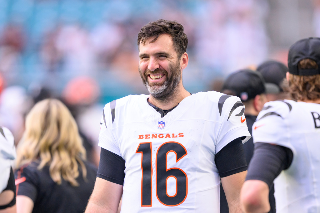 FILE - Cincinnati Bengals quarterback Joe Flacco (16) smiles on the sidelines during an NFL football game against the Miami Dolphins, Dec. 21, 2025, in Miami Gardens, Fla. (AP Photo/Doug Murray, File)