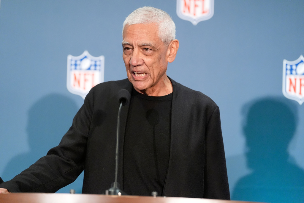 Seattle Seahawks owner Vinod Khosla speaks during a news conference during an NFL football owners meeting on Wednesday, Aug. 26, 2026, in Atlanta. (AP Photo/Brynn Anderson)