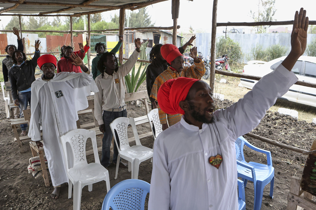 Members of the Ethiopia Africa Black International Congress Church of Salvation attend a church service in Kamulu, Nairobi, Kenya, Wednesday, July 23, 2025. (AP Photo/Andrew Kasuku)
