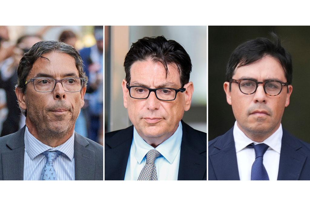 This combination of images show, from left, Dr. Mark Chavez outside of United States Courthouse in Los Angeles, on Oct. 2, 2024, Erik Fleming outside federal court in Los Angeles on May 13, 2026, and Dr. Salvador Plasencia outside federal court in Los Angeles on July 23, 2025. (AP Photo)