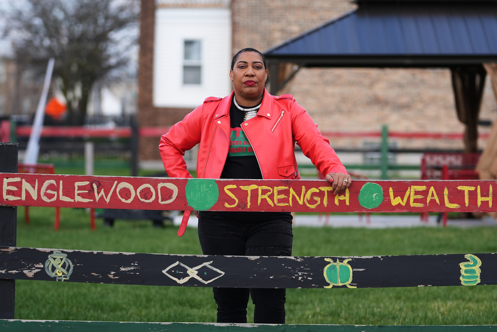 Asiaha Butler, the co-founder of the Resident Association of Greater Englewood, poses for a photo outside her office in Chicago, Monday, April 6, 2026. (AP Photo/Nam Y. Huh)