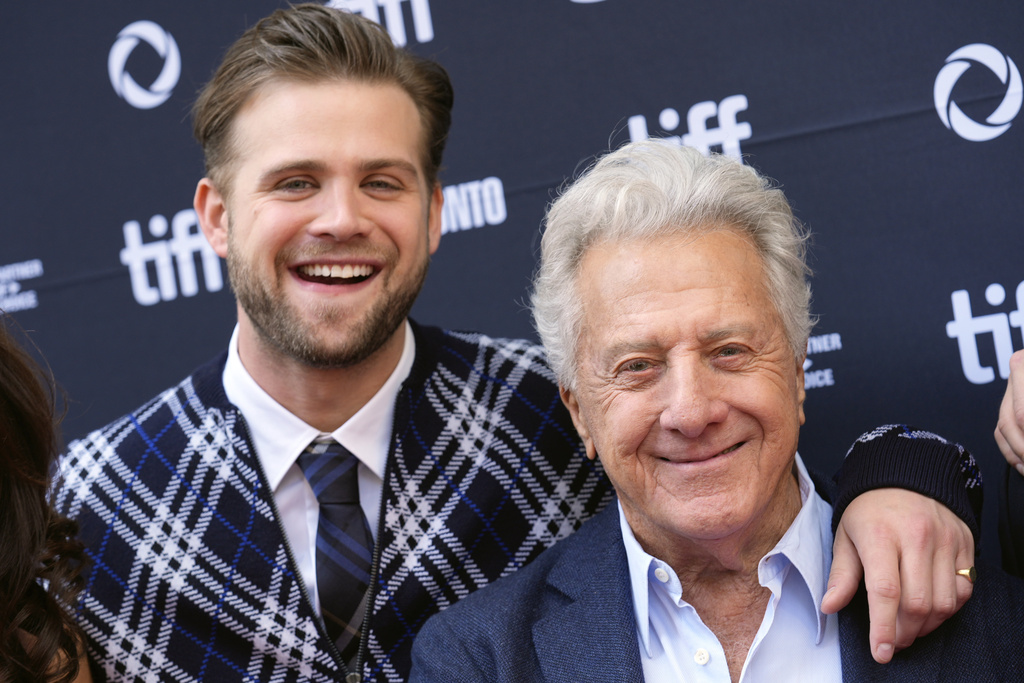 Leo Woodall, left, and Dustin Hoffman attend the premiere of "Tuner" at the Princess of Wales Theatre during the Toronto International Film Festival on Monday, Sept. 8, 2025, in Toronto. (AP Photo/Chris Pizzello)
