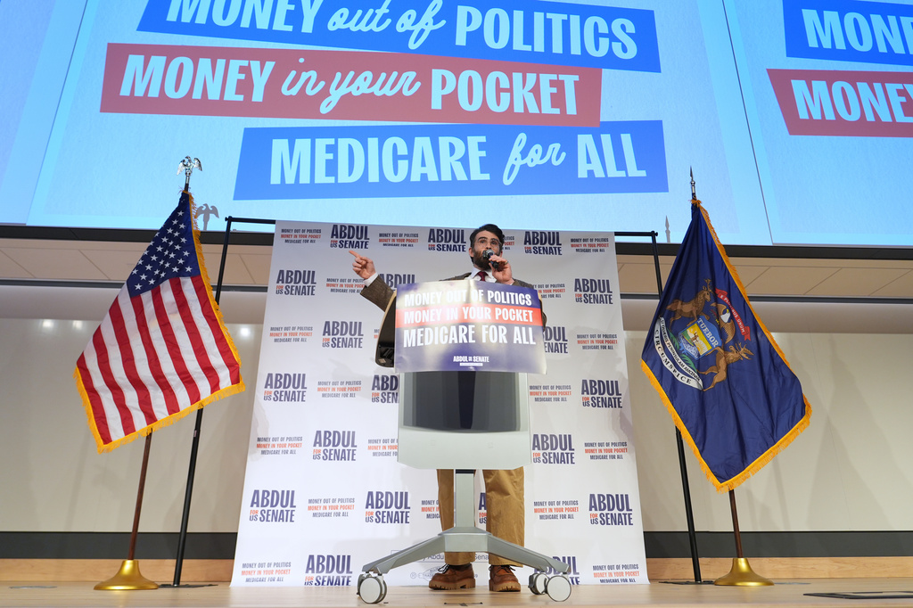 Hasan Piker speaks at a campaign rally for Abdul El-Sayed, a progressive candidate in the Democratic primary for U.S. Senate in Michigan, Tuesday, April 7, 2026, at the University of Michigan in Ann Arbor, Mich. (AP Photo/Julia Demaree Nikhinson)