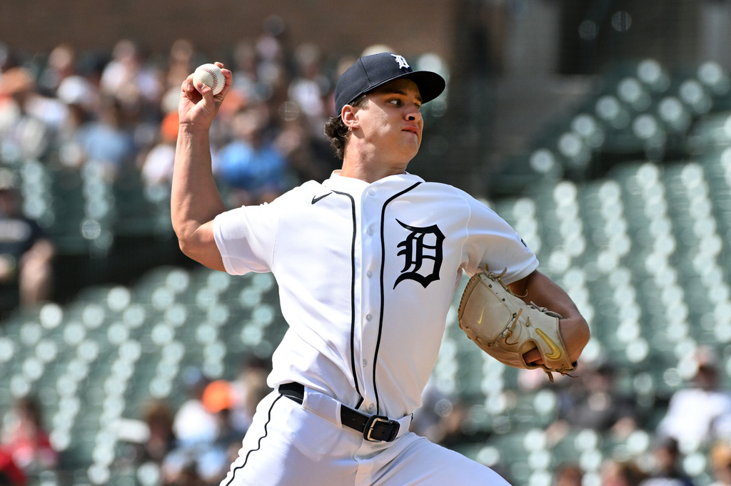 Detroit Tigers starting pitcher Jackson Jobe throws during the first inning of a baseball game against the Colorado Rockies, Sunday, Sept. 13, 2026, in Detroit. (AP Photo/Jose Juarez)