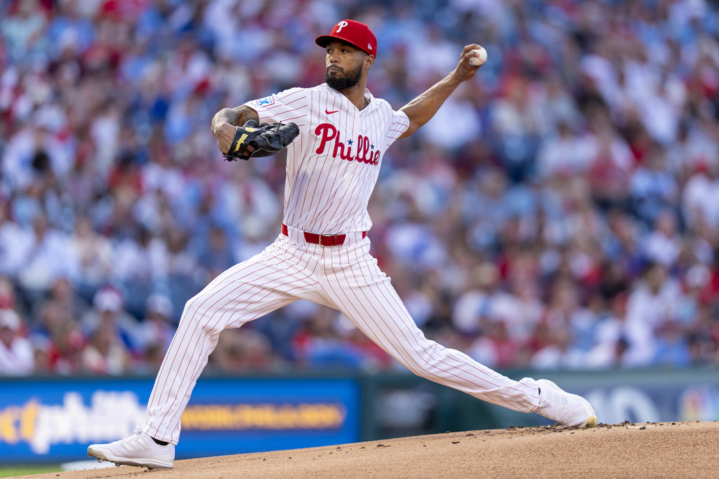 Philadelphia Phillies starting pitcher Cristopher Sanchez delivers during the first inning of a baseball game against the Atlanta Braves, Saturday, Aug. 30, 2025, in Philadelphia. (AP Photo/Chris Szagola)