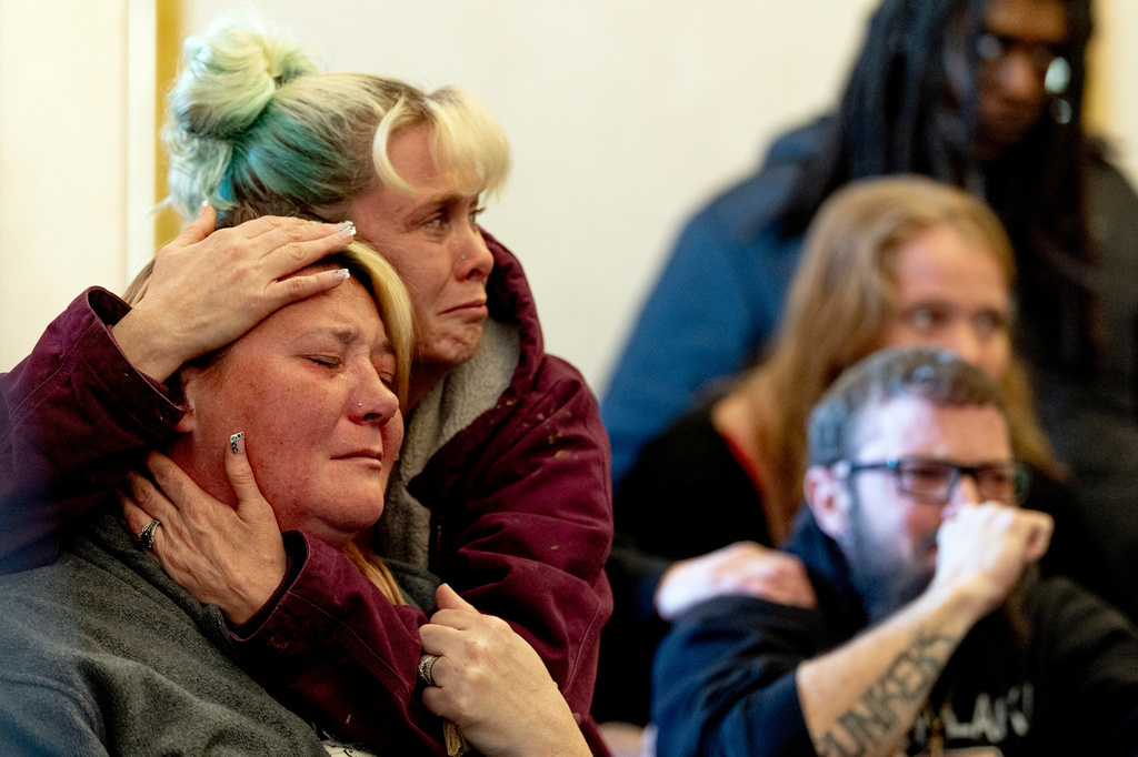 Family members react as James Shirah is sentenced to at least 30 years in prison on Monday, May 11, 2026 in Flint. (Jake May/The Flint Journal via AP)