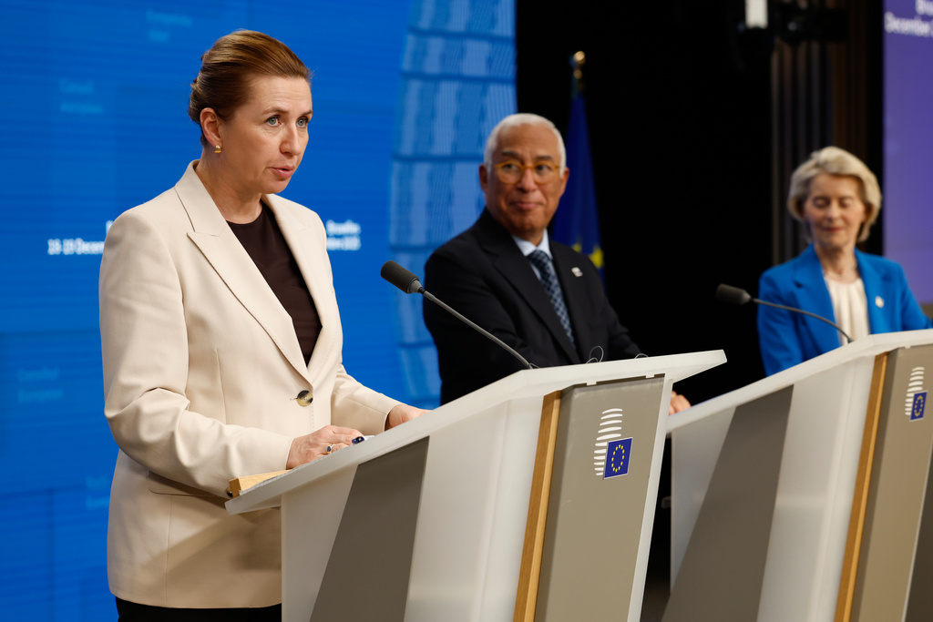 From left, Denmark's Prime Minister Mette Frederiksen, European Council President Antonio Costa and European Commission President Ursula von der Leyen address a media conference at the EU Summit in Brussels, Friday, Dec. 19, 2025. (AP Photo/Geert Vanden Wijngaert)