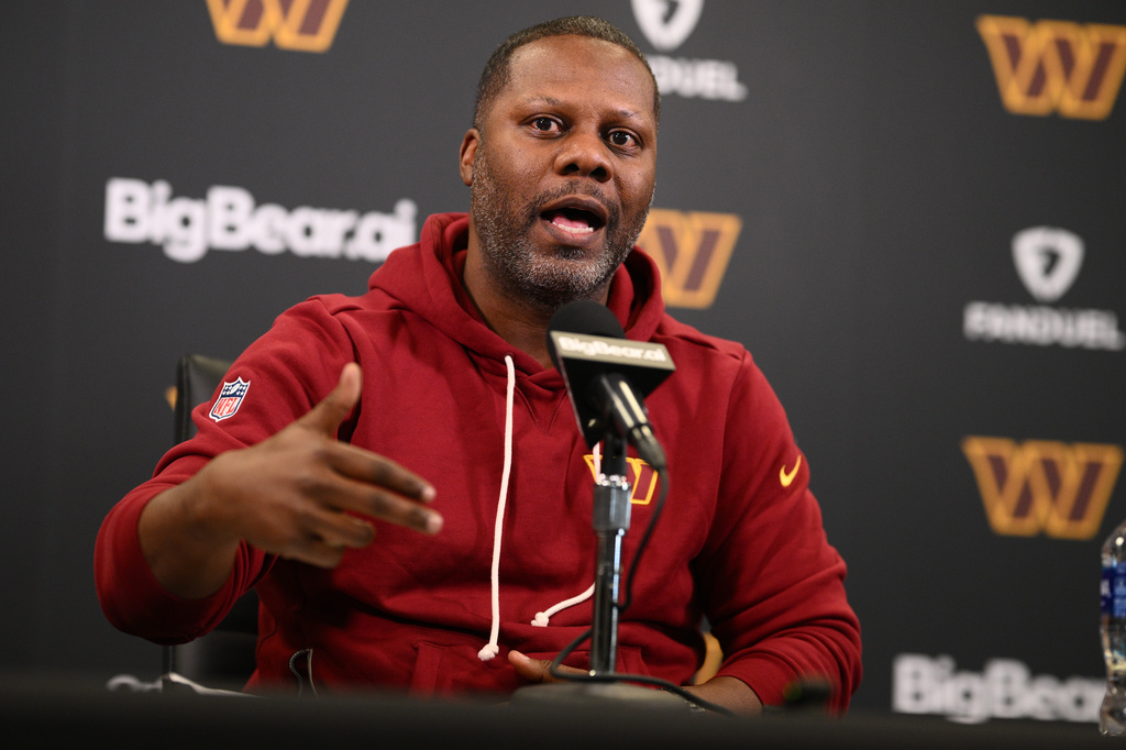 FILE - Washington Commanders defensive coordinator Daronte Jones speaks to the media during an NFL football press conference, Feb. 10, 2026, in Ashburn, Va. (AP Photo/Nick Wass, File)