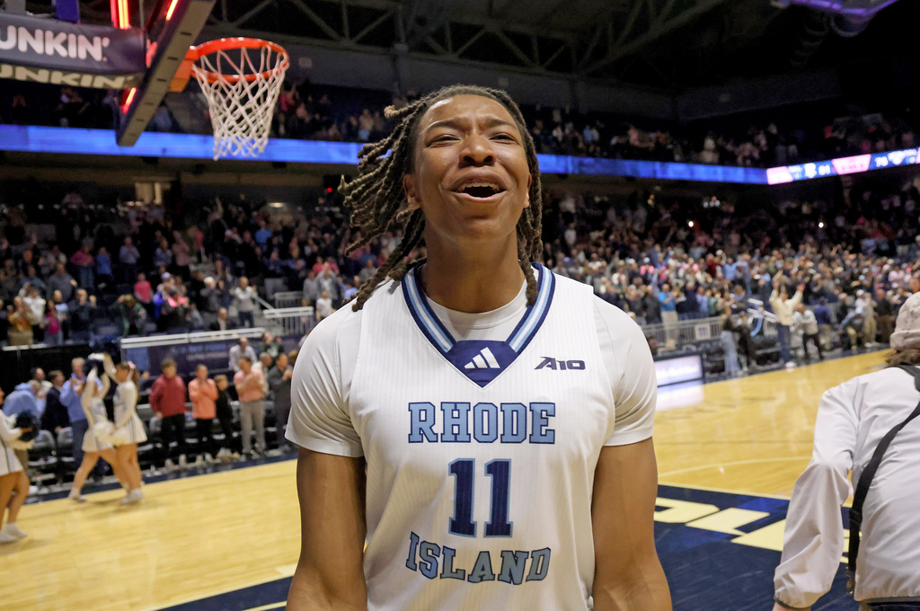 Rhode Island forward Javon Perry (11) reacts after defeating Saint Louis in an NCAA college basketball game, Tuesday, Feb. 17, 2026, in South Kingstown, R.I. (AP Photo/Mark Stockwell)