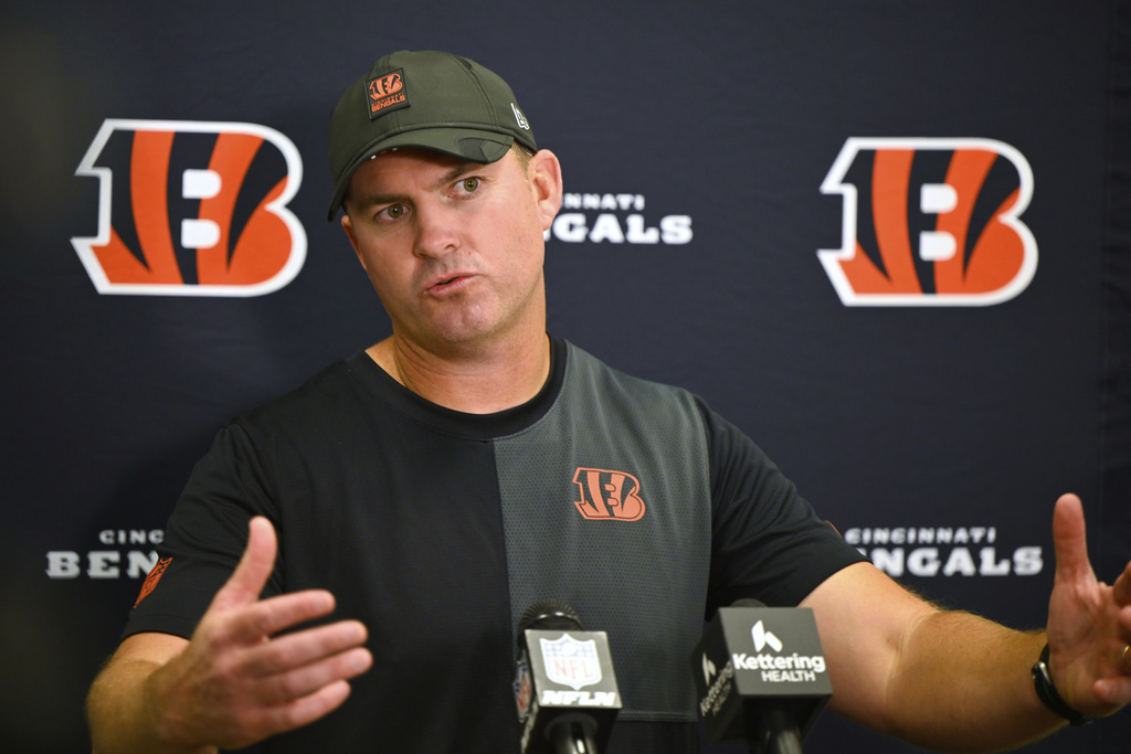 Cincinnati Bengals head coach Zac Taylor answers questions after an NFL football game against the Cleveland Browns, Sunday, Sept. 7, 2025, in Cleveland. (AP Photo/David Richard)