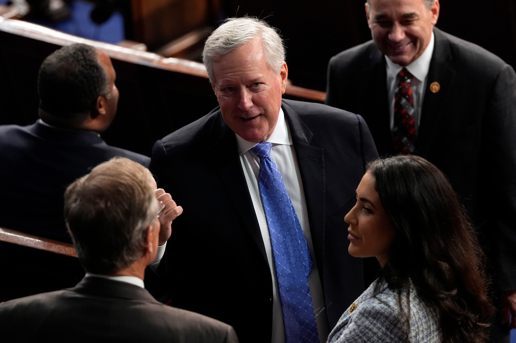 FILE - Mark Meadows talks on the floor before Israeli Prime Minister Benjamin Netanyahu speaks to a joint meeting of Congress at the Capitol in Washington, July 24, 2024. (AP Photo/Julia Nikhinson, File)