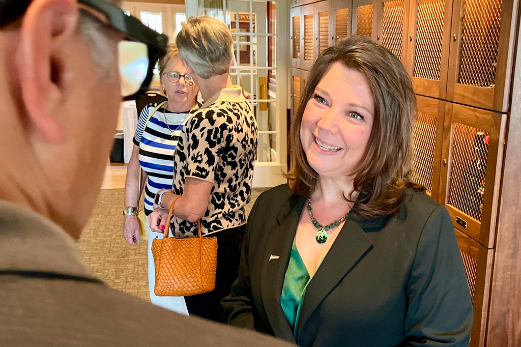 District county clerk Crystal Rhoades speaks at a fundraising event Thursday, April 16, 2026, in Omaha, Neb. (AP Photo/Margery A. Beck)