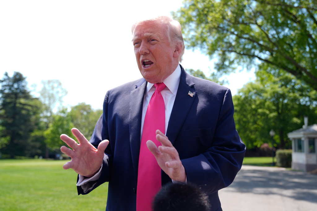 President Donald Trump speaks with reporters before departing on Marine One from the South Lawn of the White House, Thursday, April 16, 2026, in Washington. (AP Photo/Manuel Balce Ceneta)