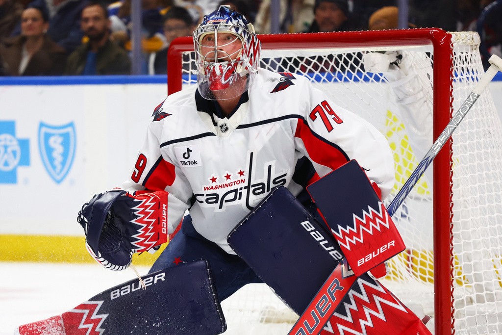 Washington Capitals goaltender Charlie Lindgren watches the puck during the first period of an NHL hockey game against the Buffalo Sabres, Thursday, March 12, 2026, in Buffalo, N.Y. (AP Photo/Jeffrey T. Barnes)