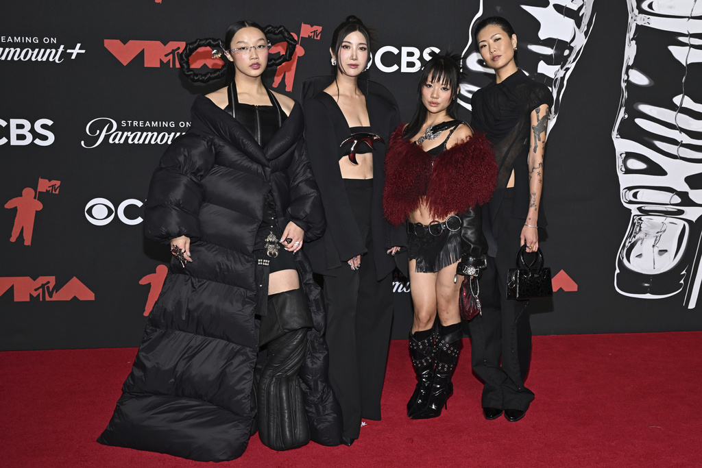Audrey Nuna, from left, Ejae, Rei Ami, and May Hong of "KPop Demon Hunters" arrive at the MTV Video Music Awards on Sunday, Sept. 7, 2025, at UBS Arena in Elmont, N.Y. (Photo by Evan Agostini/Invision/AP)