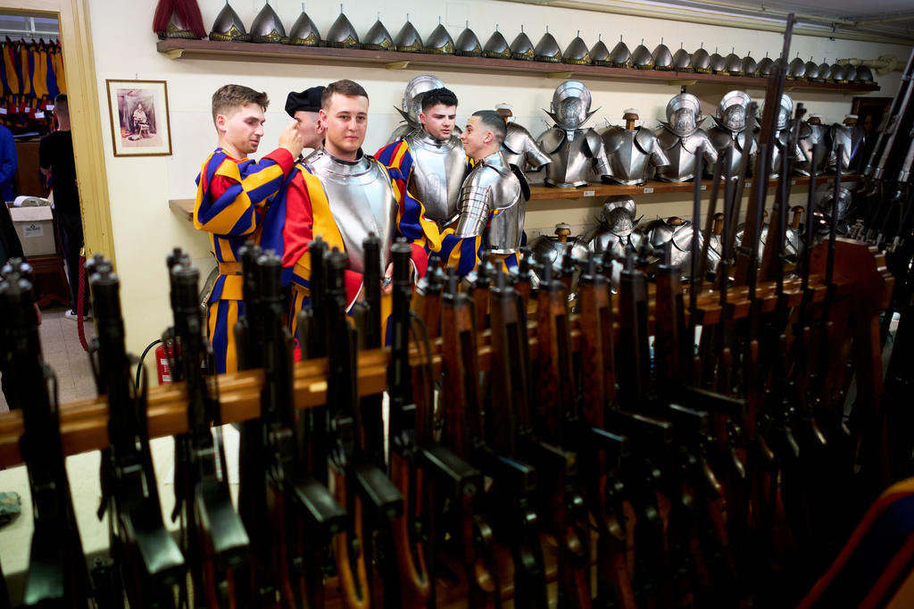 Pontifical Swiss Guards prepare ahead of their swearing in ceremony, at the Vatican, Wednesday, May 6, 2026. (AP Photo/Andrew Medichini)