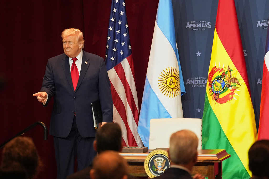 President Donald Trump arrives at the Shield of the Americas Summit, Saturday, March 7, 2026, at Trump National Doral Miami in Doral, Fla. (AP Photo/Rebecca Blackwell)