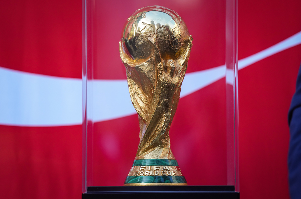 The FIFA World Cup trophy is displayed during the launch of a trophy tour in Vancouver, on Friday, April 10, 2026. (Darryl Dyck/The Canadian Press via AP)