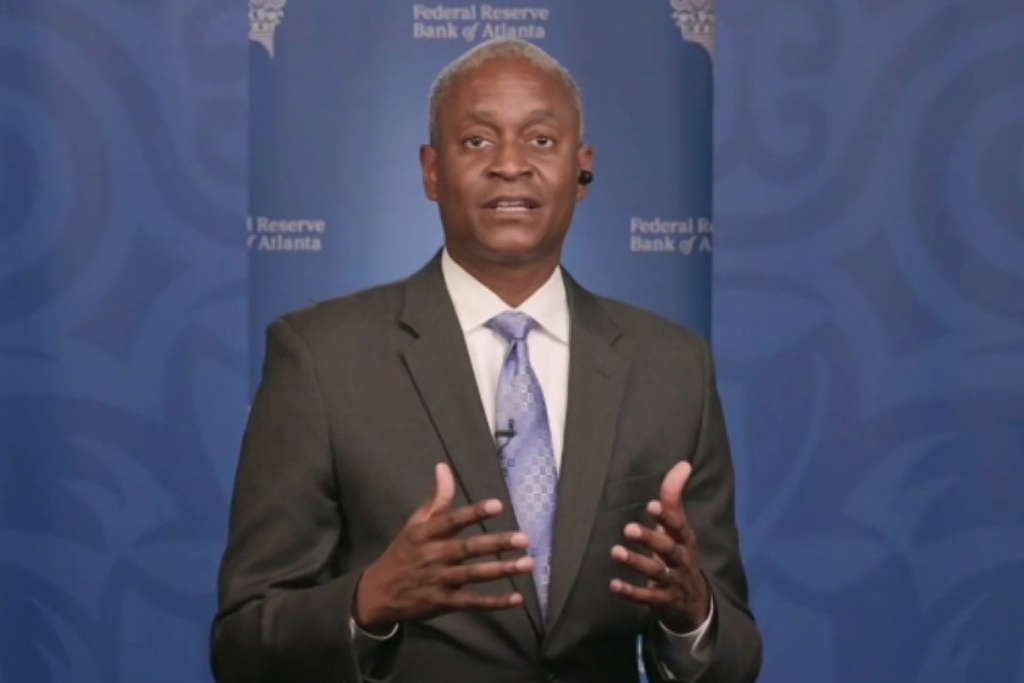 FILE - In this image taken from video, Atlanta Federal Reserve Bank President Raphael Bostic speaks from Atlanta during a webinar sponsored by the 12 regional Fed banks to address the lack of racial disparity in the field of economics, April 13, 2021. (AP Photo/File)