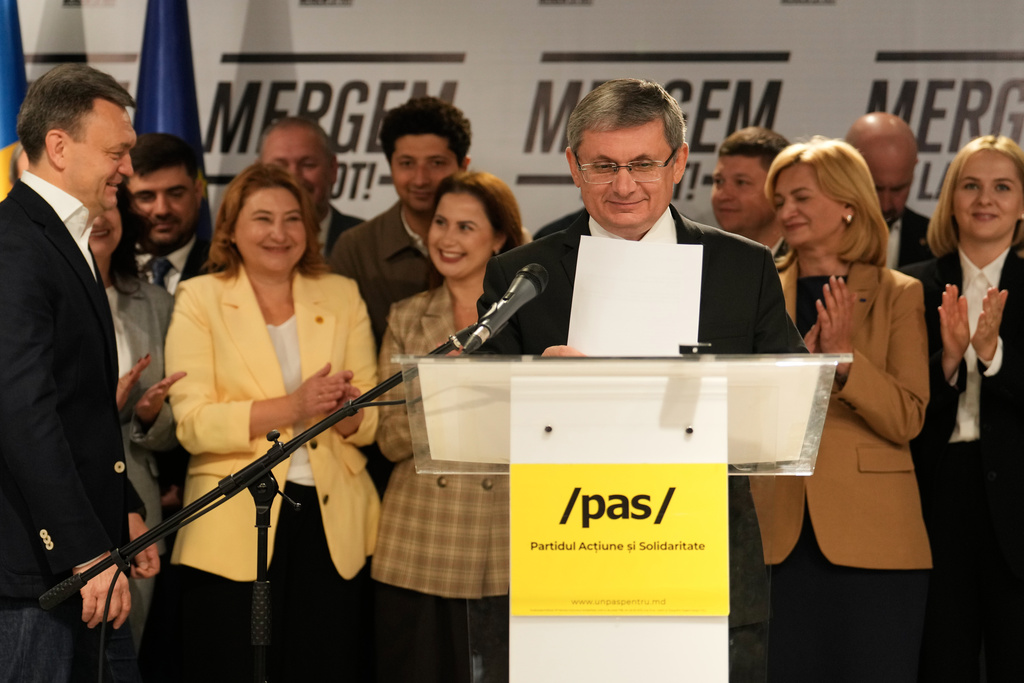 Igor Grosu, president of Moldova's parliament and leader of the pro-EU Party of Action and Solidarity speaks to the media after the parliamentary election, in Chisinau, Moldova, Monday, Sept. 29, 2025. (AP Photo/Vadim Ghirda)