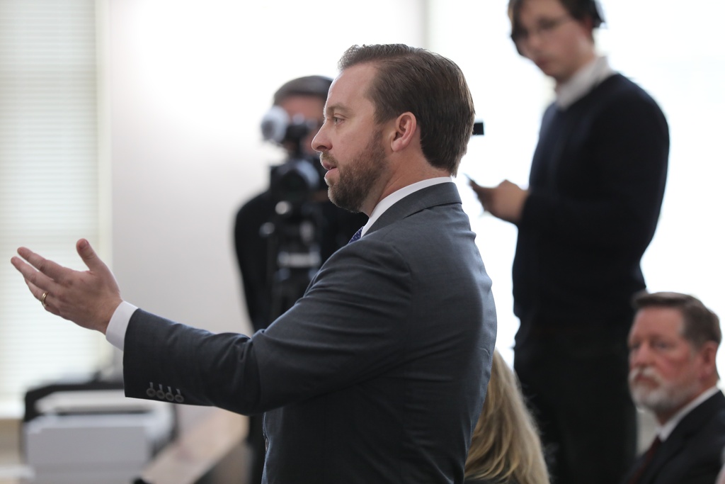 Attorney Will Lewis speaks on behalf of his client former Colleton County Clerk of Court Mary Rebecca "Becky" Hill as she pleads guilty on Monday, Dec. 8, 2025, in St. Matthews, S.C.. (AP Photo/Jeffrey Collins)
