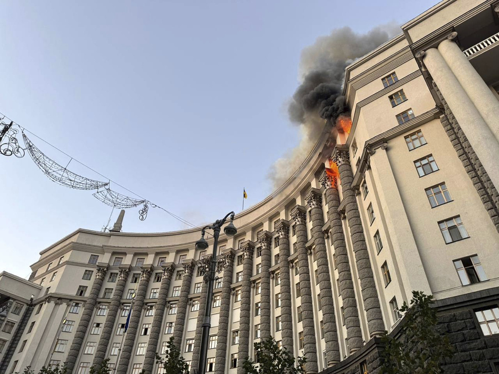 In this photo provided by the Ukrainian Emergency Service, smoke rises from a fire at the Cabinet of Ministers building after a Russian strike in Kyiv, Ukraine, on Sunday, Sept. 7, 2025. (Ukrainian Emergency Service via AP)