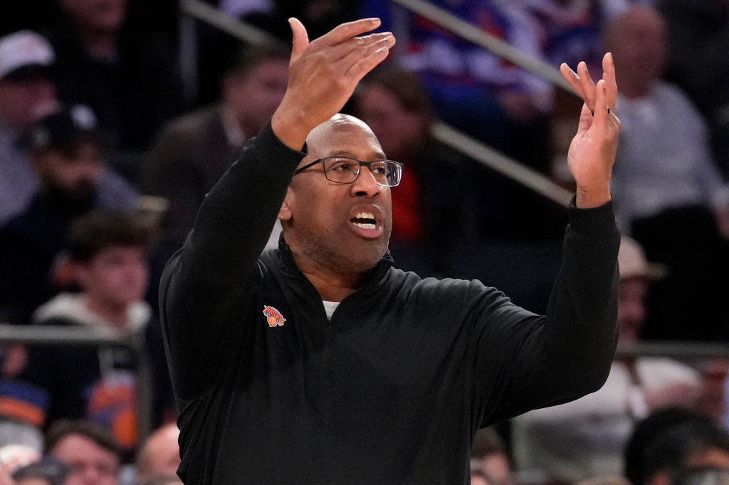 New York Knicks head coach Mike Brown gestures during the first half in Game 2 of a first-round NBA playoffs basketball series against the Atlanta Hawks, Monday, April 20, 2026, in New York. (AP Photo/Yuki Iwamura)