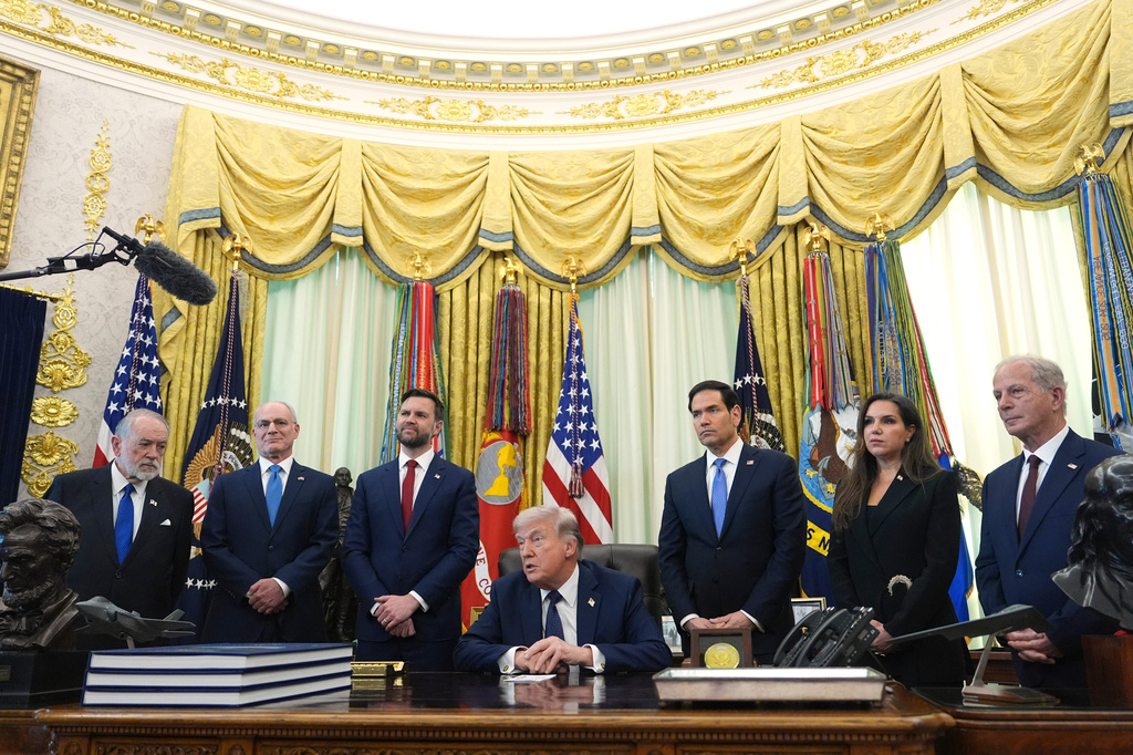 From left, U.S. Ambassador to Israel Mike Huckabee, Israeli Ambassador to the U.S. Yechiel Leiter, Vice President JD Vance, Secretary of State Marco Rubio, Lebanese Ambassador to the U.S. Nada Hamadeh Moawad, U.S. Ambassador to Lebanon Michel Issa, listen to President Donald Trump speak in the Oval Office at the White House, Thursday, April 23, 2026, in Washington. (AP Photo/Mark Schiefelbein)