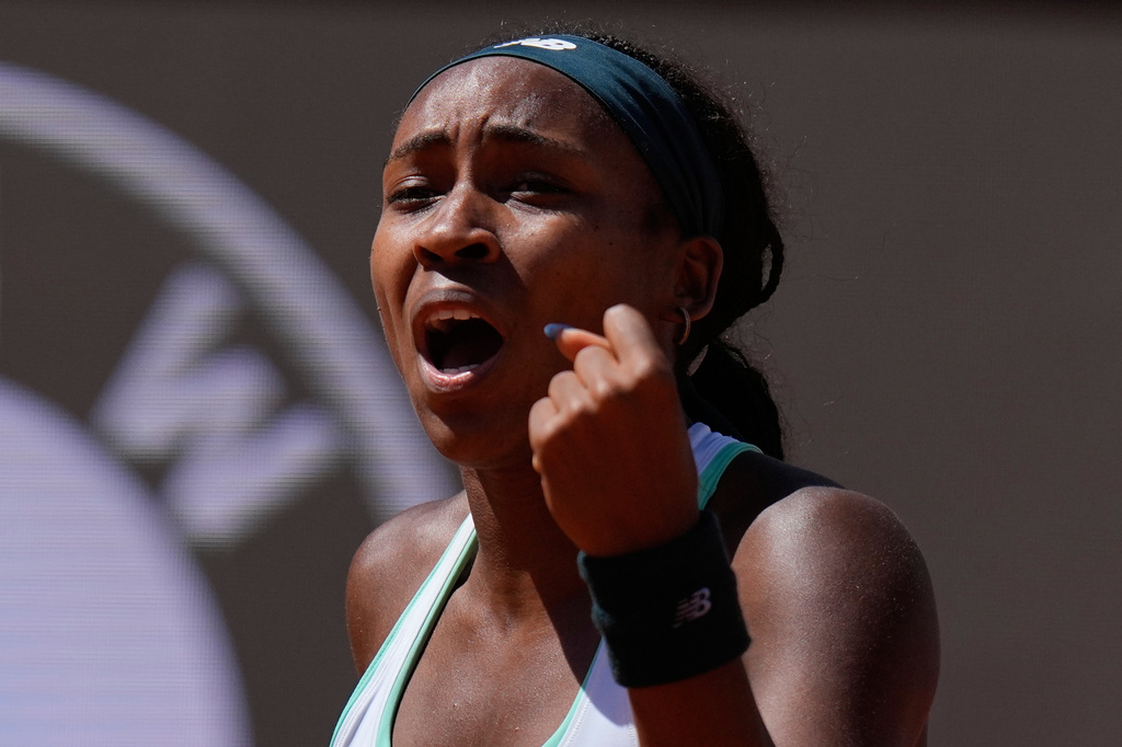 United States' Coco Gauff celebrates after winning the second set during her match against United States' Iva Jovic at the Italian Open tennis tournament in Rome, Monday, May 11, 2026. (AP Photo/Alessandra Tarantino)