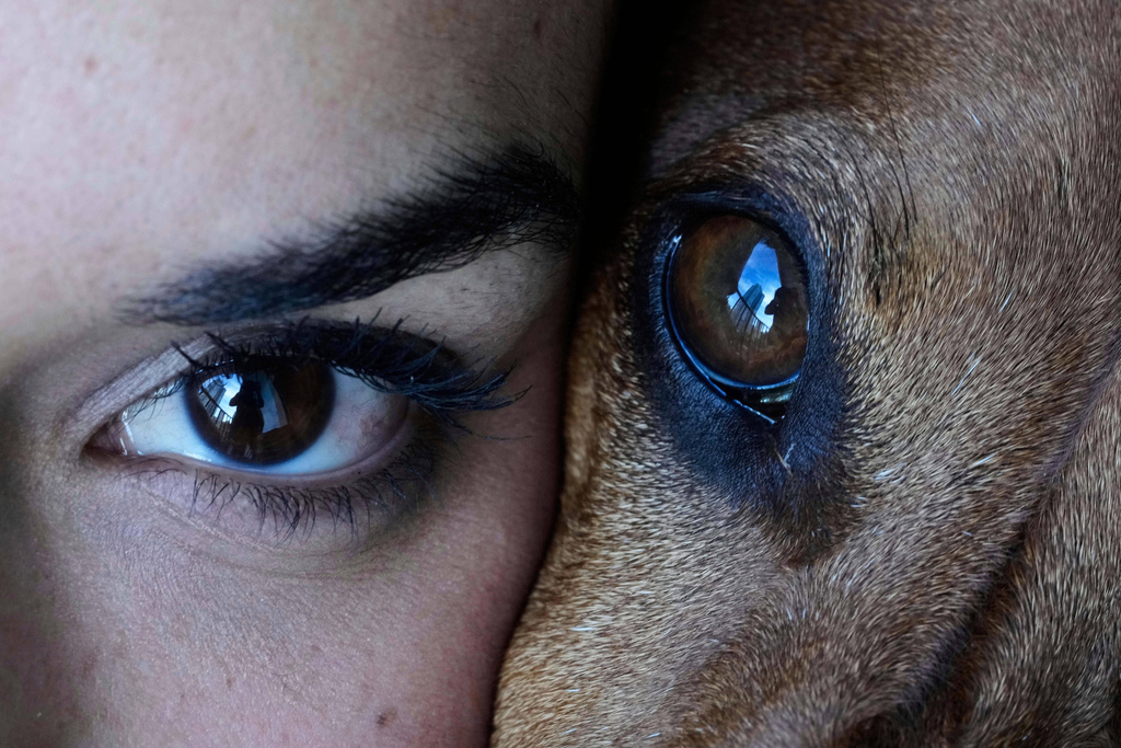 FILE - Magalí Maisonnave poses for a photo with her dachshund Sandro, in Buenos Aires, Argentina, April 6, 2025. (AP Photo/Natacha Pisarenko, file)