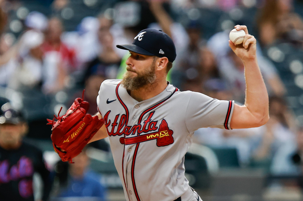 Atlanta Braves' Chris Sale pitches during the first inning of a baseball game against the New York Mets Wednesday, July 29, 2026, in New York (AP Photo/Eduardo Munoz Alvarez)