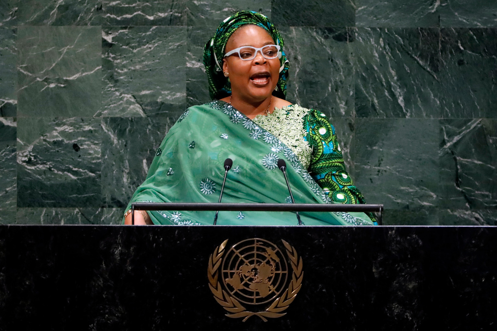 FILE - Nobel laureate Leymah Gbowee, from Liberia, addresses the 73rd session of the United Nations General Assembly, at U.N. headquarters, Sept. 25, 2018. (AP Photo/Richard Drew, File)