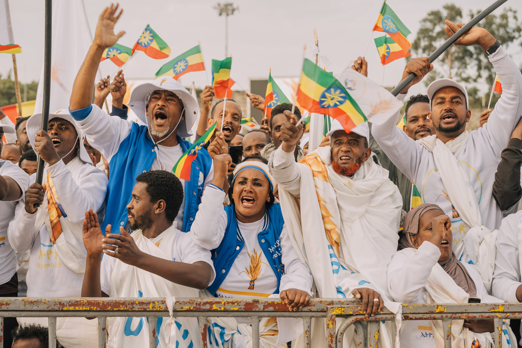 Supporters of Ethiopia's ruling Prosperity Party cheer at a rally ahead of the national elections in Addis Ababa, Ethiopia, Tuesday, May 26, 2026. (AP Photo/Amanuel Sileshi)
