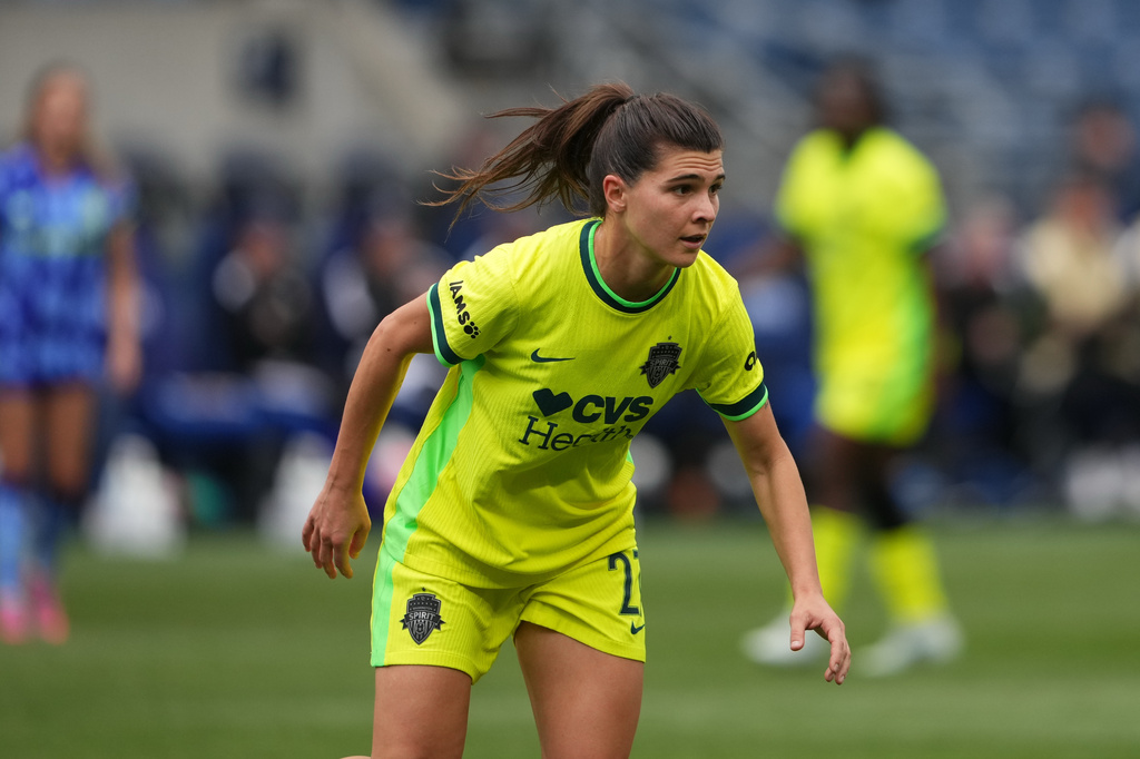 FILE - Washington Spirit forward Sofia Cantore looks on against the Seattle Reign FC during the first half of an NWSL soccer match on May 10, 2026, in Seattle. (AP Photo/Lindsey Wasson, File)