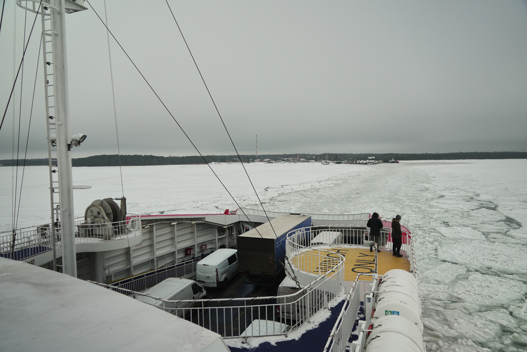 A ferry approaches into the frozen Baltic Sea from island of Hiuumaa, Estonia, Tuesday, Feb. 10, 2026. (AP Photo/Kostya Manekov)