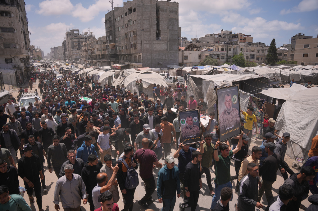 Palestinians attend the funeral of Izz al-Din al-Haddad, the leader of Hamas’ Qassam Brigades, and his daughter and wife in Gaza City, Saturday, May 16, 2026. They were killed in an Israeli strike Friday evening. (AP Photo/Abdel Kareem Hana)