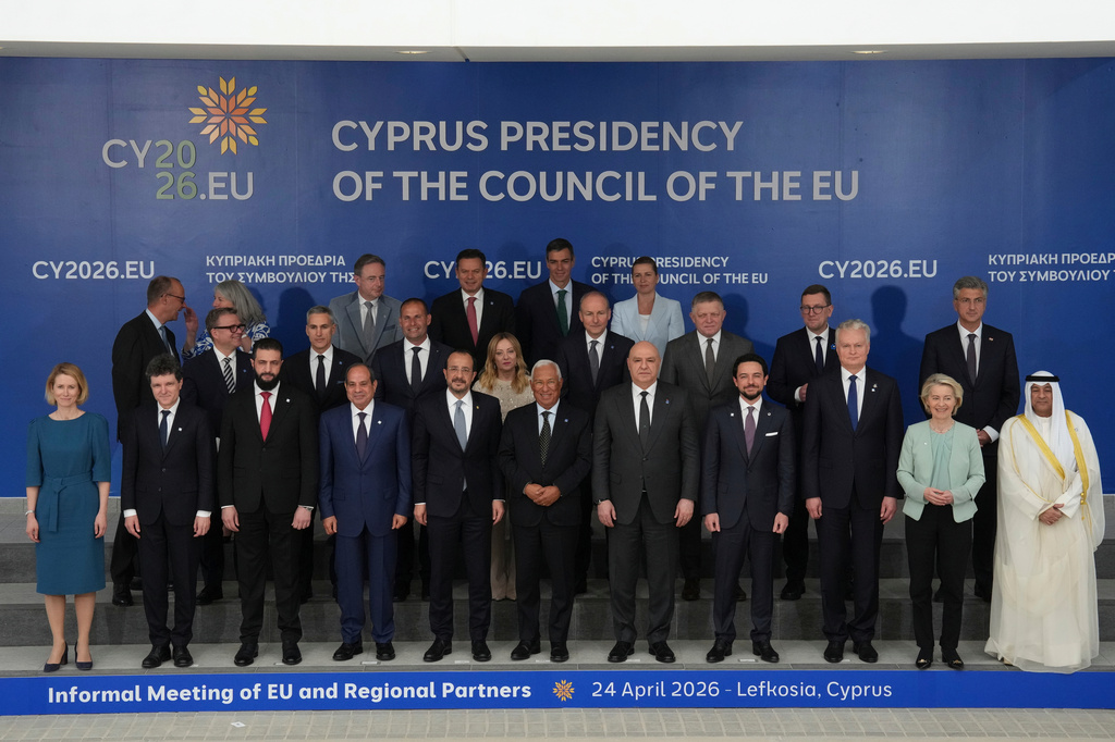 EU and Middle East leaders pose for a family photo of the EU Summit in Nicosia, Cyprus, Friday, April 24, 2026. (AP Photo/Petros Karadjias)