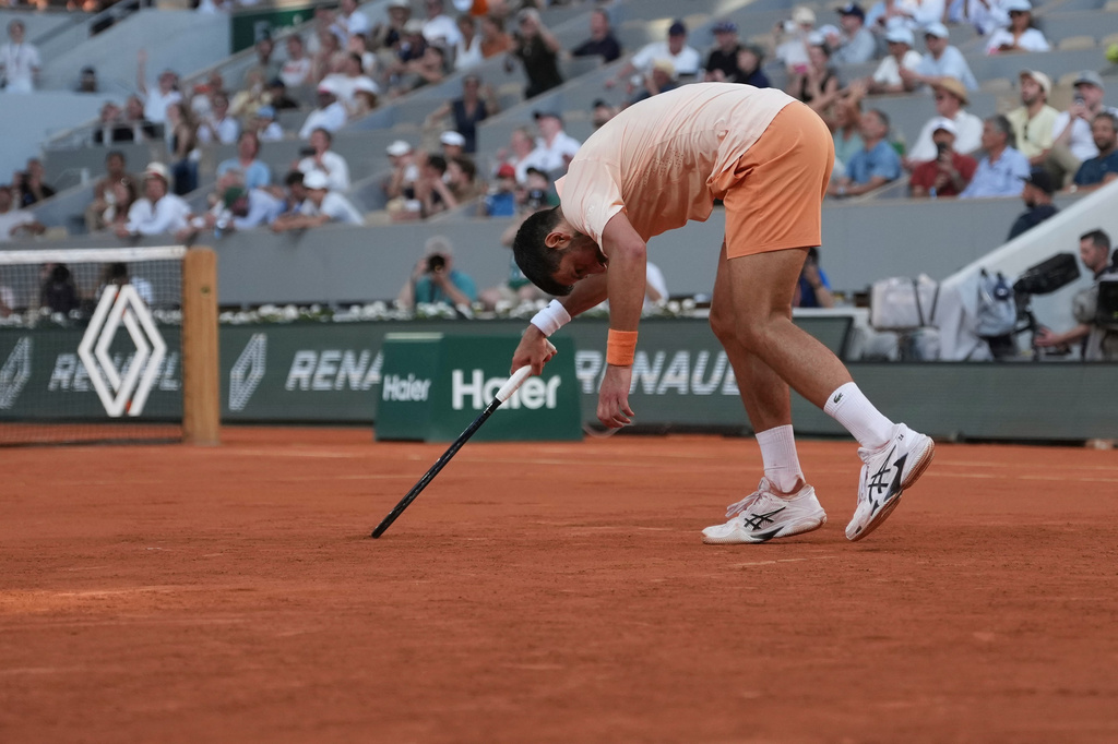Novak Djokovic of Serbia celebrates after winning against Valentin Royer of France during their second round men's singles tennis match at the French Open tennis tournament in Paris, Wednesday, May 27, 2026. (AP Photo/Thibault Camus)