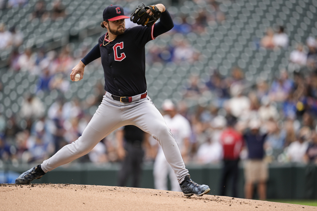 Cleveland Guardians pitcher Slade Cecconi (44) delivers against the Minnesota Twins in the first inning of a baseball game, Saturday, Sept. 20, 2025, in Minneapolis. (AP Photo/Mike Stewart)