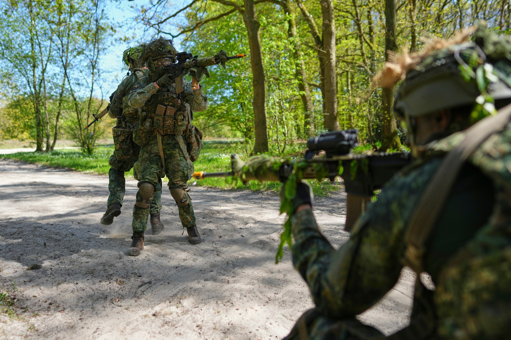Members of the 10th Infantry Battalion Guard Security Corps National Reserve secure the crossing of a road during a weekend exercise to hone their military skills as the Netherlands beefs up its military with new recruits and volunteer reservists in Havelte, Netherlands, Saturday, April 25, 2026. (AP Photo/Peter Dejong)