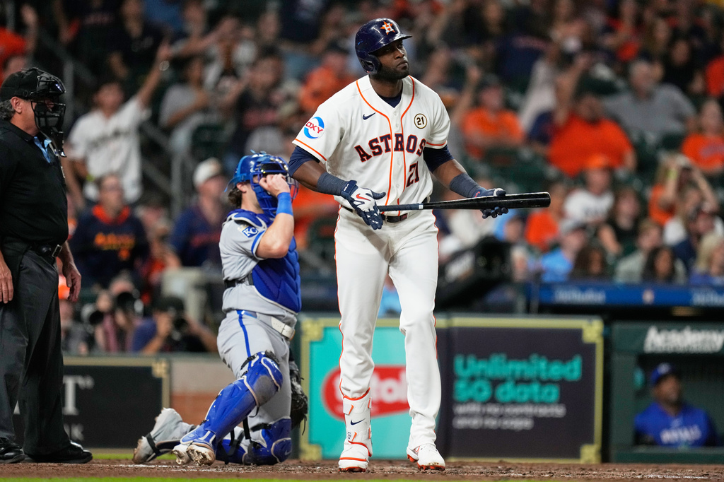 Houston Astros designated hitter Yordan Alvarez watches his home run during the fifth inning of a baseball game against the Kansas City Royals in Houston, Tuesday, Sept. 15, 2026. (AP Photo/Ashley Landis)