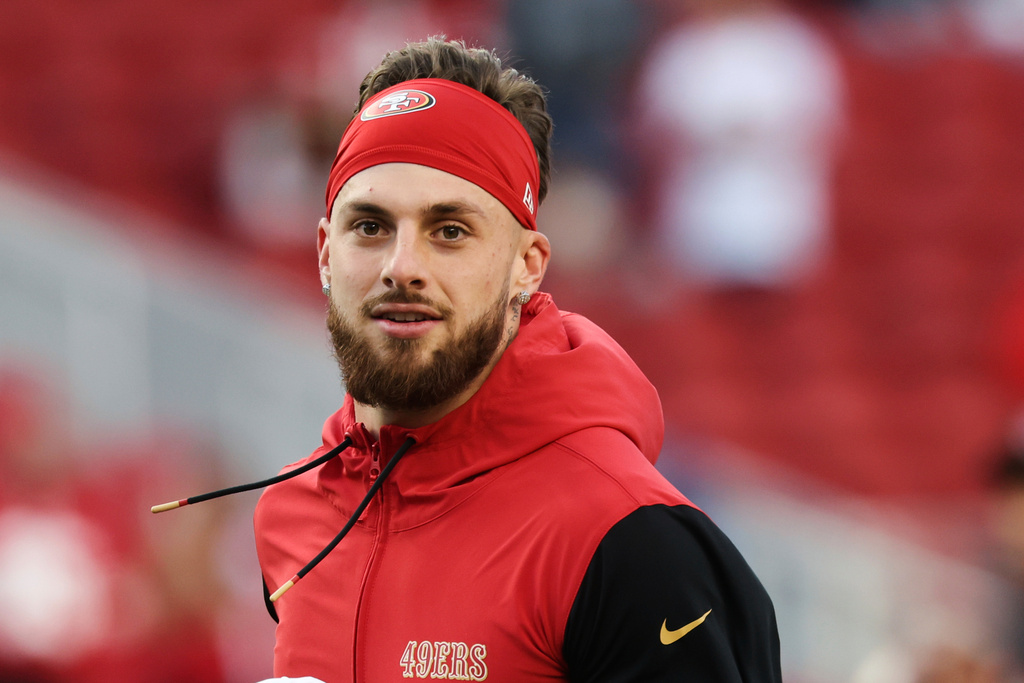 FILE - San Francisco 49ers wide receiver Ricky Pearsall warms up before an NFL football game against the Detroit Lions, Monday, Dec. 30, 2024, in Santa Clara, Calif. (AP Photo/Jed Jacobsohn, File)