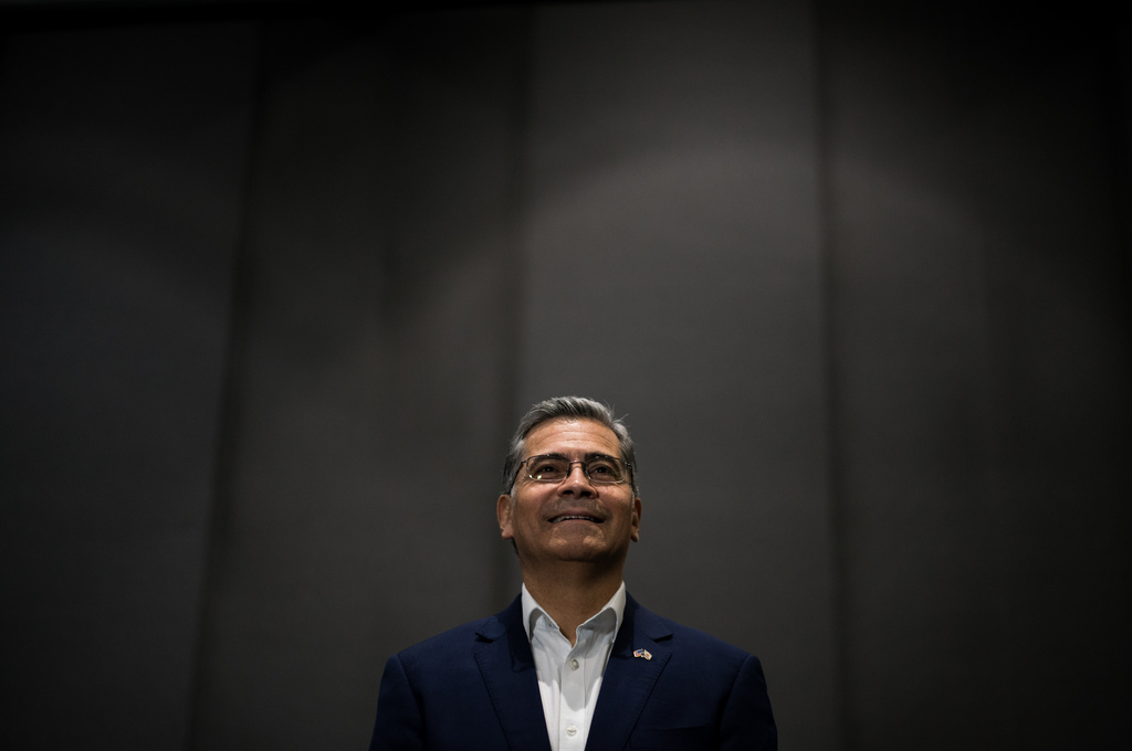 California gubernatorial candidate Xavier Becerra waits to be introduced during a campaign event in Los Angeles, Saturday, April 18, 2026. (AP Photo/Jae C. Hong)