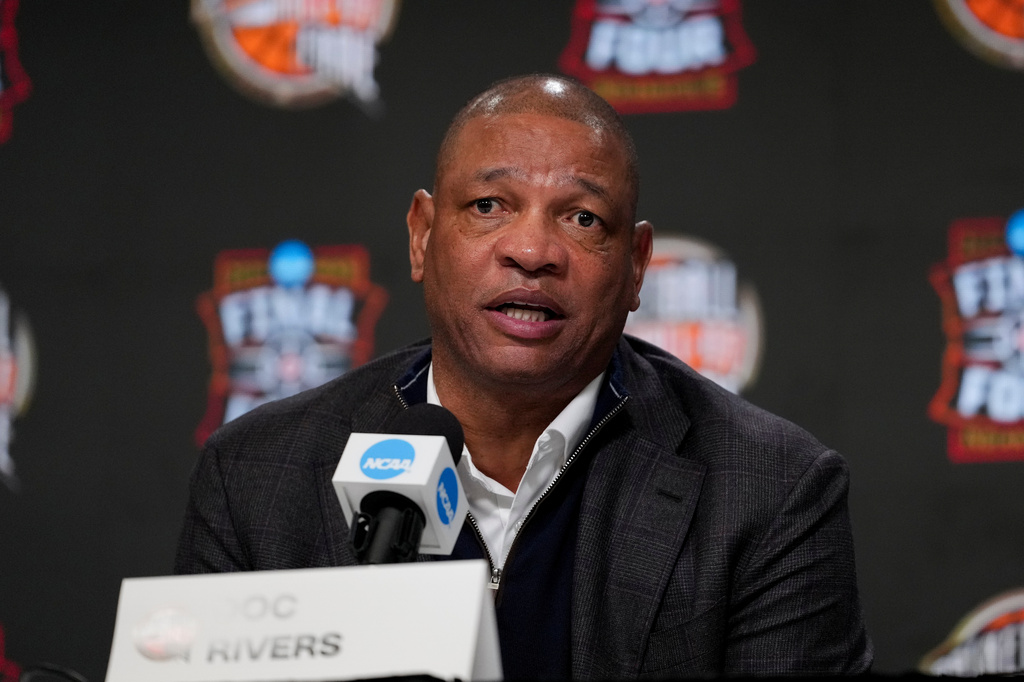 Naismith Hall of Fame Class of 2026 inductee Doc Rivers speaks during a news conference at the Final Four of the NCAA college basketball tournament, Saturday, April 4, 2026, in Indianapolis. (AP Photo/Michael Conroy)
