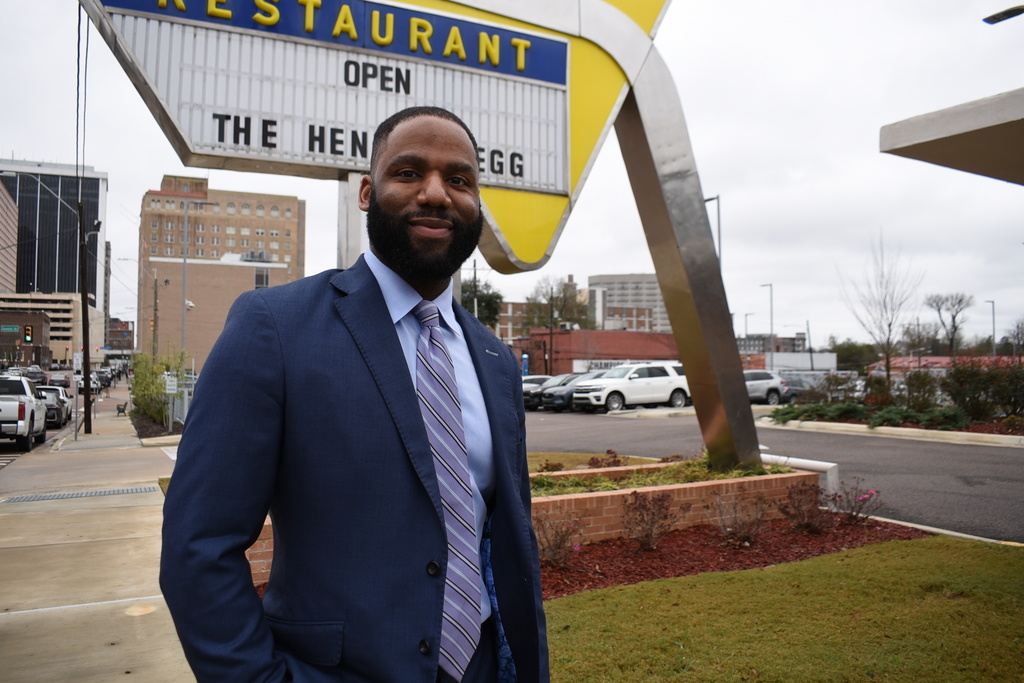 FILE - Democrat Evan Turnage, who is challenging Rep. Bennie Thompson, D-Miss., in the March primary, poses for a portrait in Jackson, Miss., Jan. 22, 2026. (AP Photo/Sophie Bates, File)