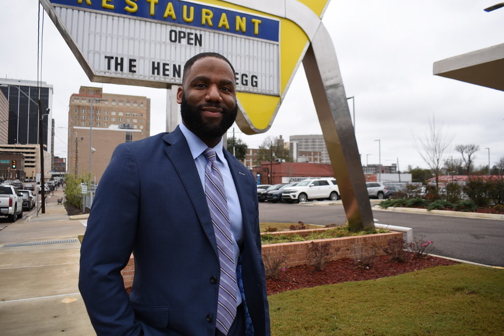 FILE - Democrat Evan Turnage, who is challenging Rep. Bennie Thompson, D-Miss., in the March primary, poses for a portrait in Jackson, Miss., Jan. 22, 2026. (AP Photo/Sophie Bates, File)