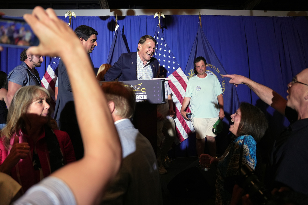 Republican congressional candidate Ed Gallrein speaks after winning the Republican party's nomination during an election night event Tuesday, May 19, 2026, in Covington, Ky. (AP Photo/Joshua A. Bickel)