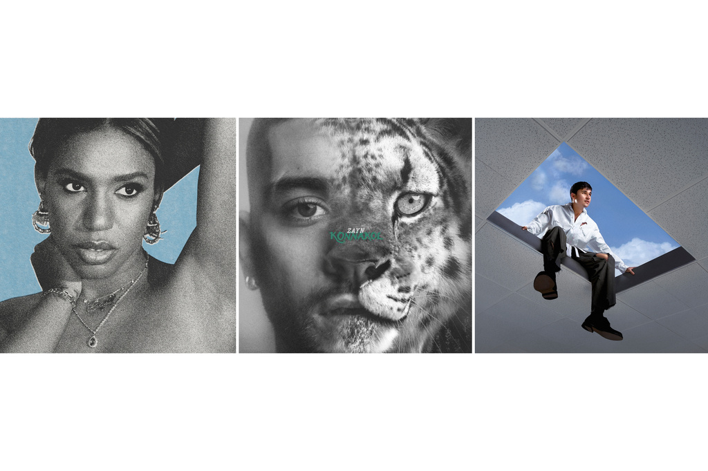 This combination of album covers shows, from left, "Fidelity" by Yaya Bey, "Konnakol" by Zayn, and "Ctrl Escape" by John Summit. (DRINK SUM WTR/Mercury Records/Experts Only-Darkroom Records via AP)