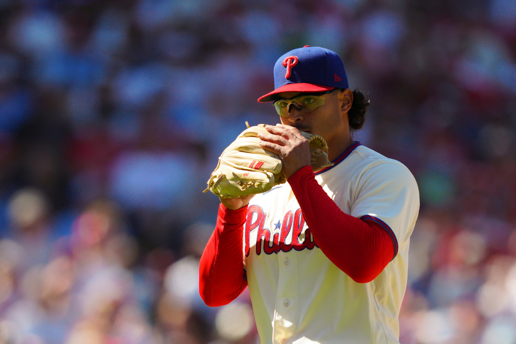 Philadelphia Phillies pitcher Jesús Luzardo walks off the mound after striking out Atlanta Braves' Austin Riley during the eighth inning of a baseball game, Monday, Sept. 7, 2026, in Philadelphia. (AP Photo/Derik Hamilton)
